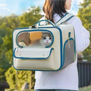 Large Capacity Cat And Dog Backpack Outer Bucket Light-Proof Double-Layer Single-Shoulder Double-Shoulder Portable Canvas Cat Bag Crossbody Pet Bag Blue