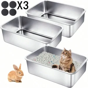 3PCS Stainless Steel Cat Litter Boxes Extra Large Metal Litter Boxes Sturdy Kitty Cat Litter Pans For Pets No Smell, Non Stick, Smooth Surface, Easy To Clean Silver