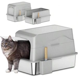 Stainless Steel Litter Pan With Lid, Extra Large Enclosed Litter Pan With Removable Lid, 2-In-1, Easy To Clean, Great For Large Cats And Multiple Cats, 23.8" L X 15.9" W X 17" H, Leak Resistant Light Grey