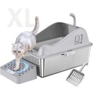 Enclosed Stainless Steel Cat Litter Box With Lid Extra Large Litter Box For Big Cats XL Metal Litter Pan Tray With High Wall Sides Enclosure, Non-Sticky, Anti-Leakage Grey