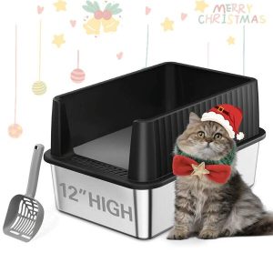 Stainless Steel Litter Box, Cat Litter Box For Kittens, Small Metal Litter Box With Litter Scoop, Light Grey Deep Black